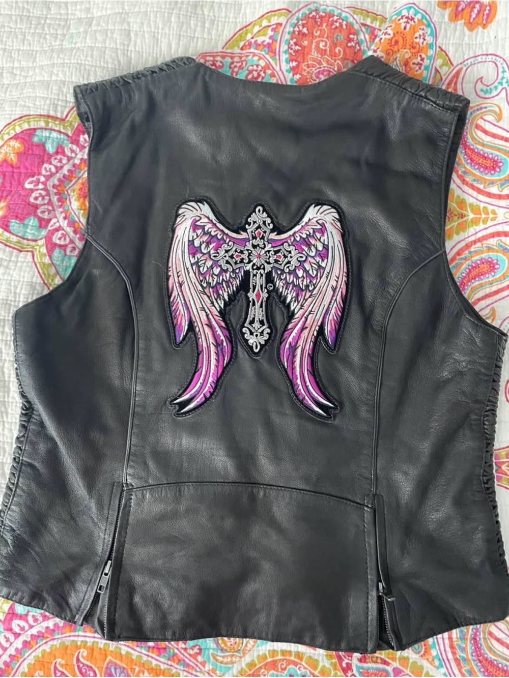 Black Leather Vest with Orange Lining